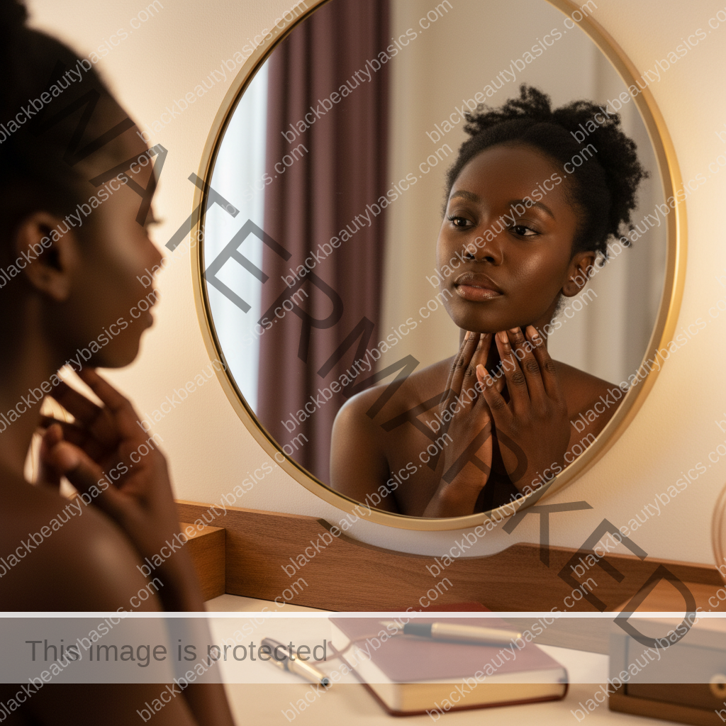 Melanin-rich Black woman with rich brown skin and textured hair in a calm mirror or note-taking moment