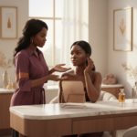 Melanin-rich Black woman with rich brown skin and textured hair in a warm editorial dark-skin care moment for Keloid-Prone Skin After Piercings, Shaving, or Injury