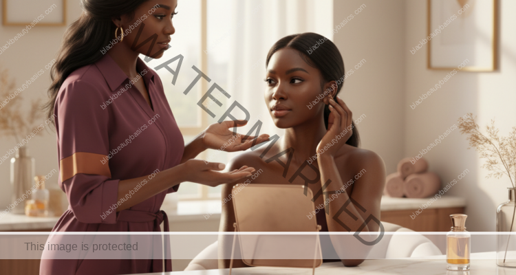 Melanin-rich Black woman with rich brown skin and textured hair in a warm editorial dark-skin care moment for Keloid-Prone Skin After Piercings, Shaving, or Injury