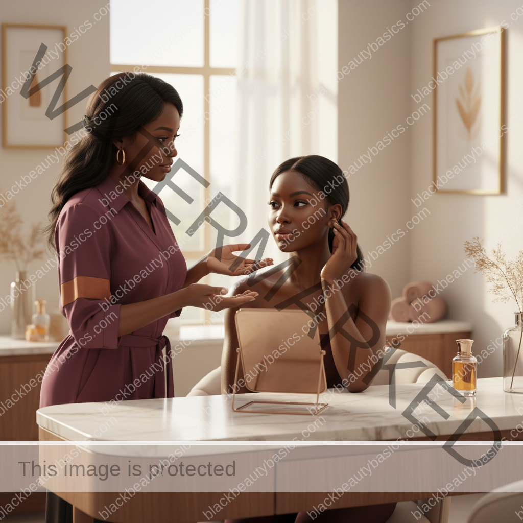 Melanin-rich Black woman with rich brown skin and textured hair in a warm editorial dark-skin care moment for Keloid-Prone Skin After Piercings, Shaving, or Injury