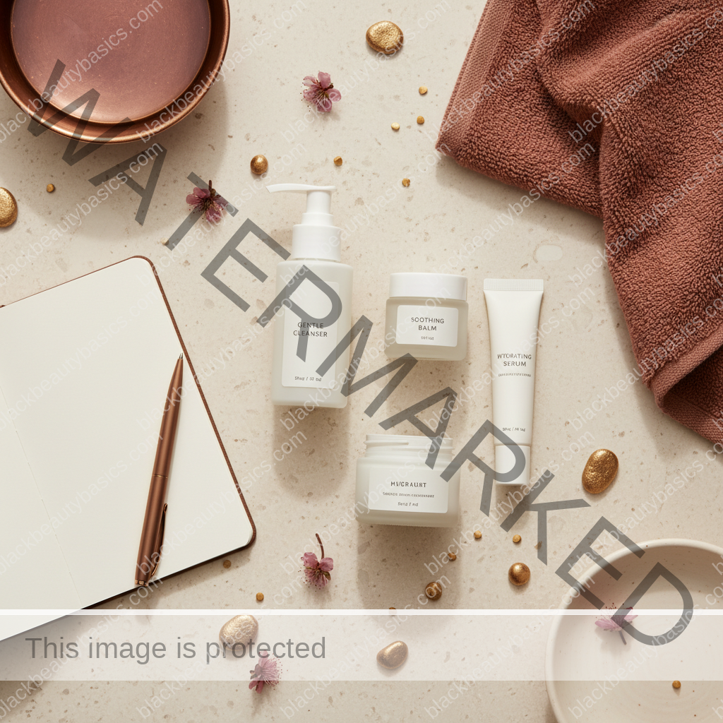 Dark-skin care essentials for Keloid-Prone Skin After Piercings, Shaving, or Injury in ivory plum bronze and soft gold tones