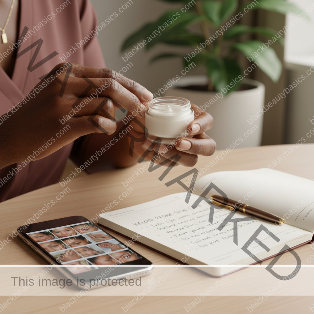 Melanin-rich Black woman with rich brown skin and textured hair using a practical care or documentation step with natural hands and correct anatomy
