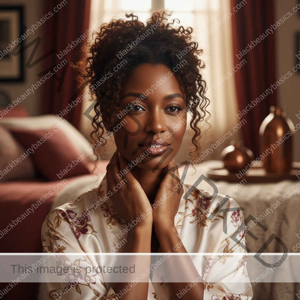 Melanin-rich Black woman with rich brown skin and textured hair relaxed after a gentle natural-hair routine