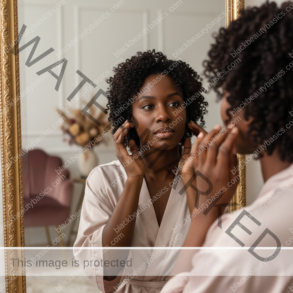 Melanin-rich Black woman with rich brown skin and textured hair in a calm mirror moment with natural hair