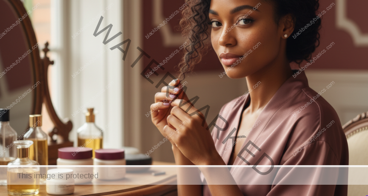 Melanin-rich Black woman with rich brown skin and textured hair in a warm editorial natural-hair routine moment for Low-Manipulation Hairstyles for Workweek Wear