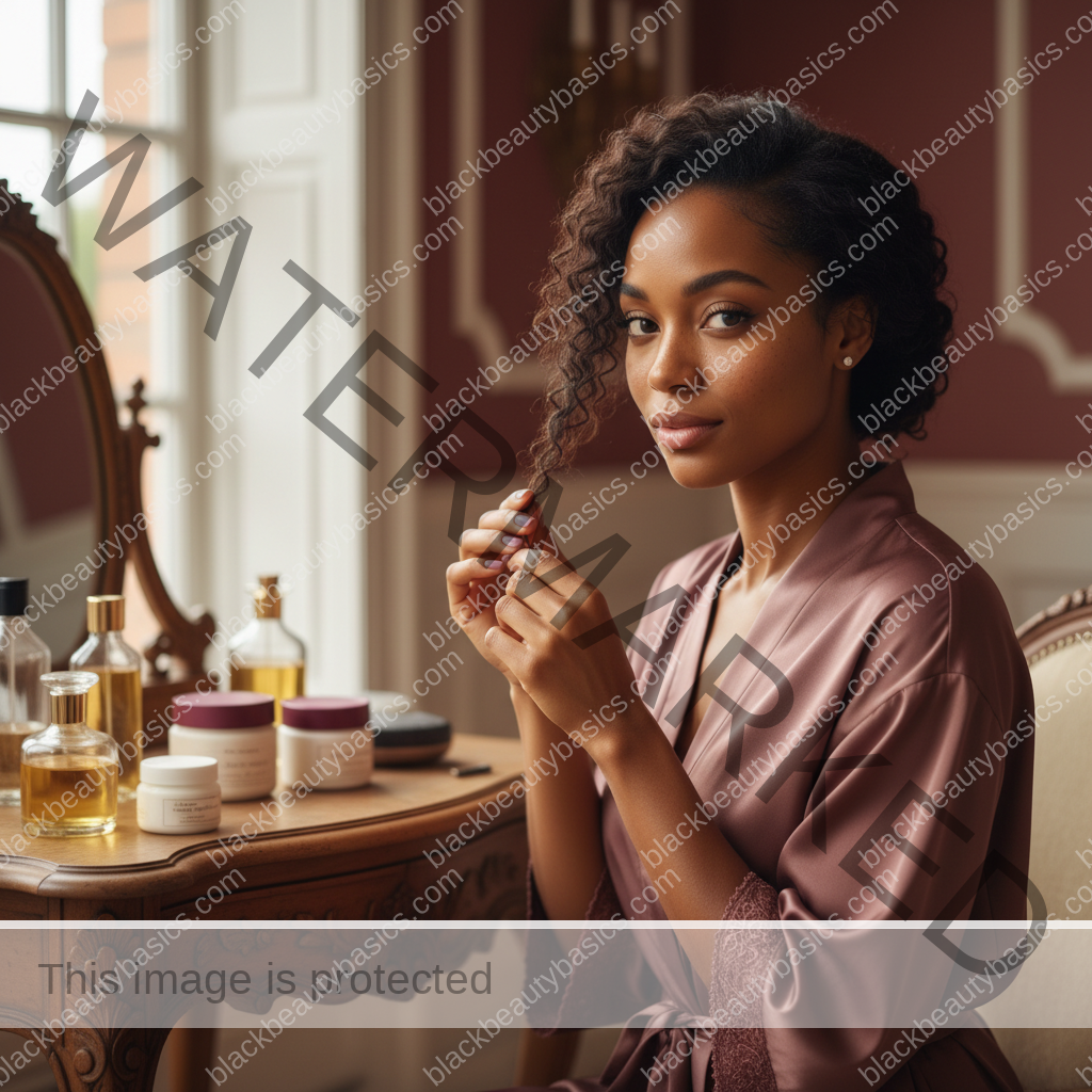 Melanin-rich Black woman with rich brown skin and textured hair in a warm editorial natural-hair routine moment for Low-Manipulation Hairstyles for Workweek Wear