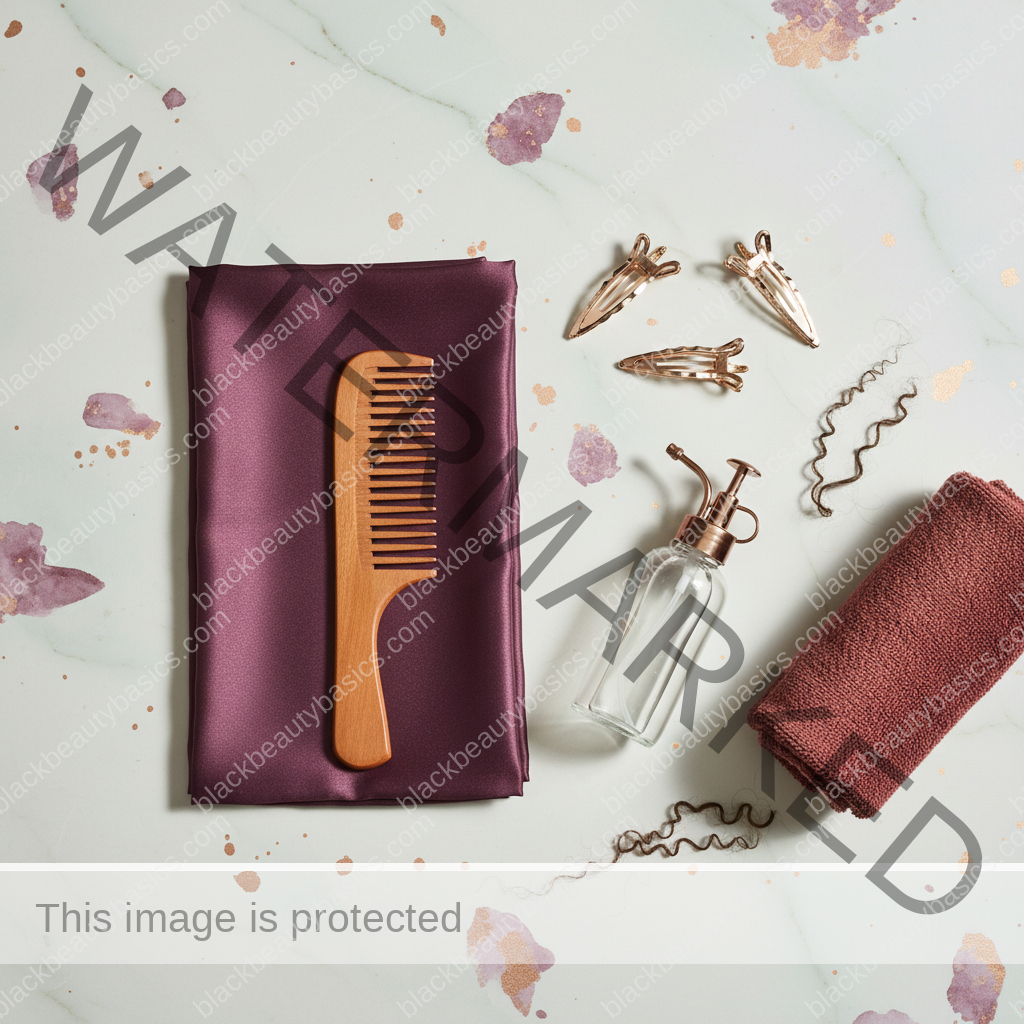 Natural-hair care essentials for Low-Manipulation Hairstyles for Workweek Wear in ivory plum bronze and soft gold tones