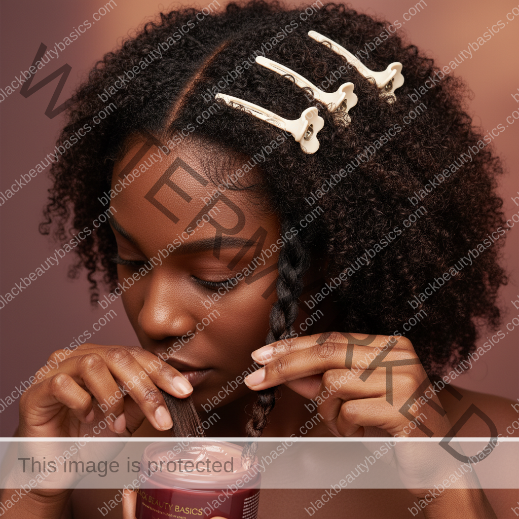 Melanin-rich Black woman with rich brown skin and textured hair using a practical natural-hair care step with natural hands and correct anatomy