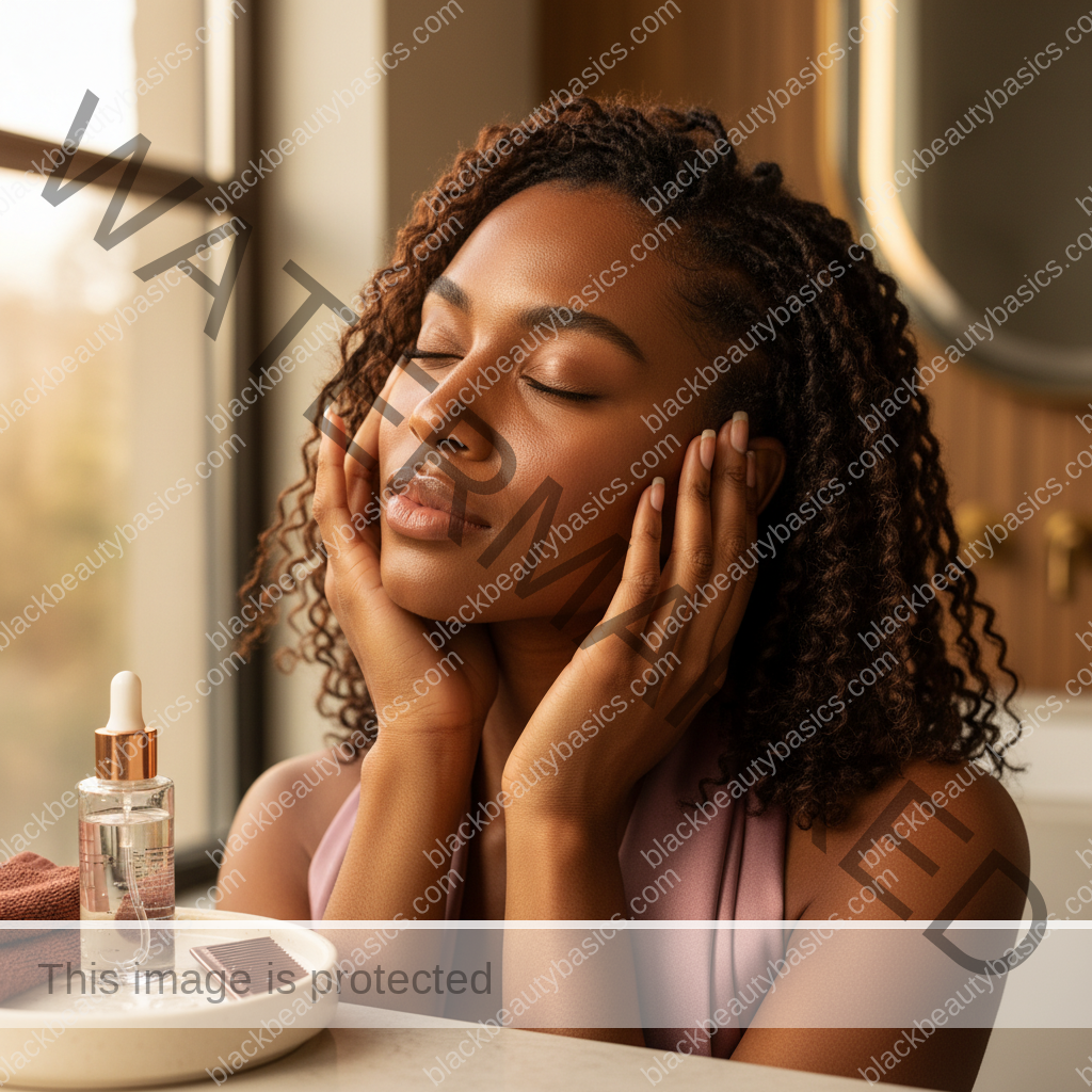 Melanin-rich Black woman with rich brown skin and textured hair relaxed after a gentle scalp-care routine