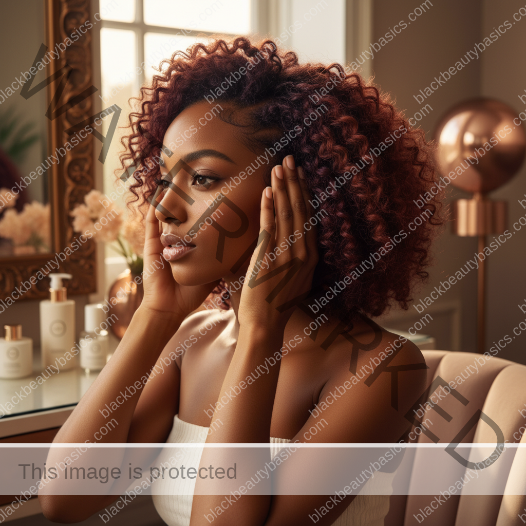 Melanin-rich Black woman with rich brown skin and textured hair in a warm editorial scalp-care moment for Best Low-Tension Hairstyles When Your Scalp Is Inflamed