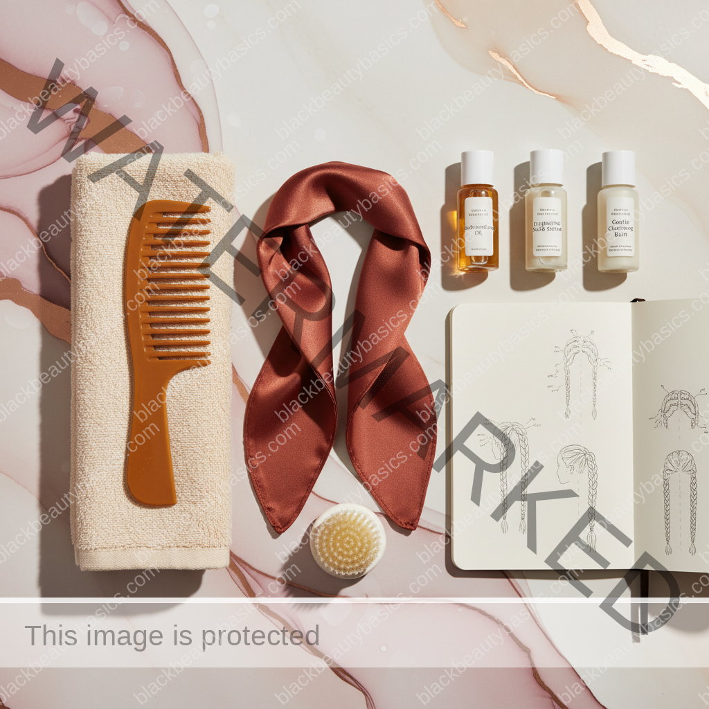 Scalp-care essentials for Best Low-Tension Hairstyles When Your Scalp Is Inflamed in ivory plum bronze and soft gold tones