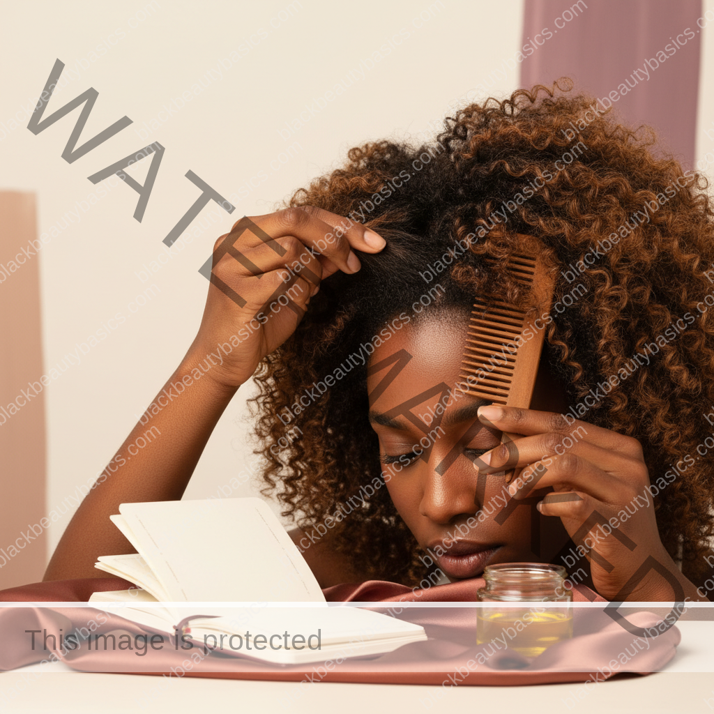 Melanin-rich Black woman with rich brown skin and textured hair using a practical scalp-care step with natural hands and correct anatomy