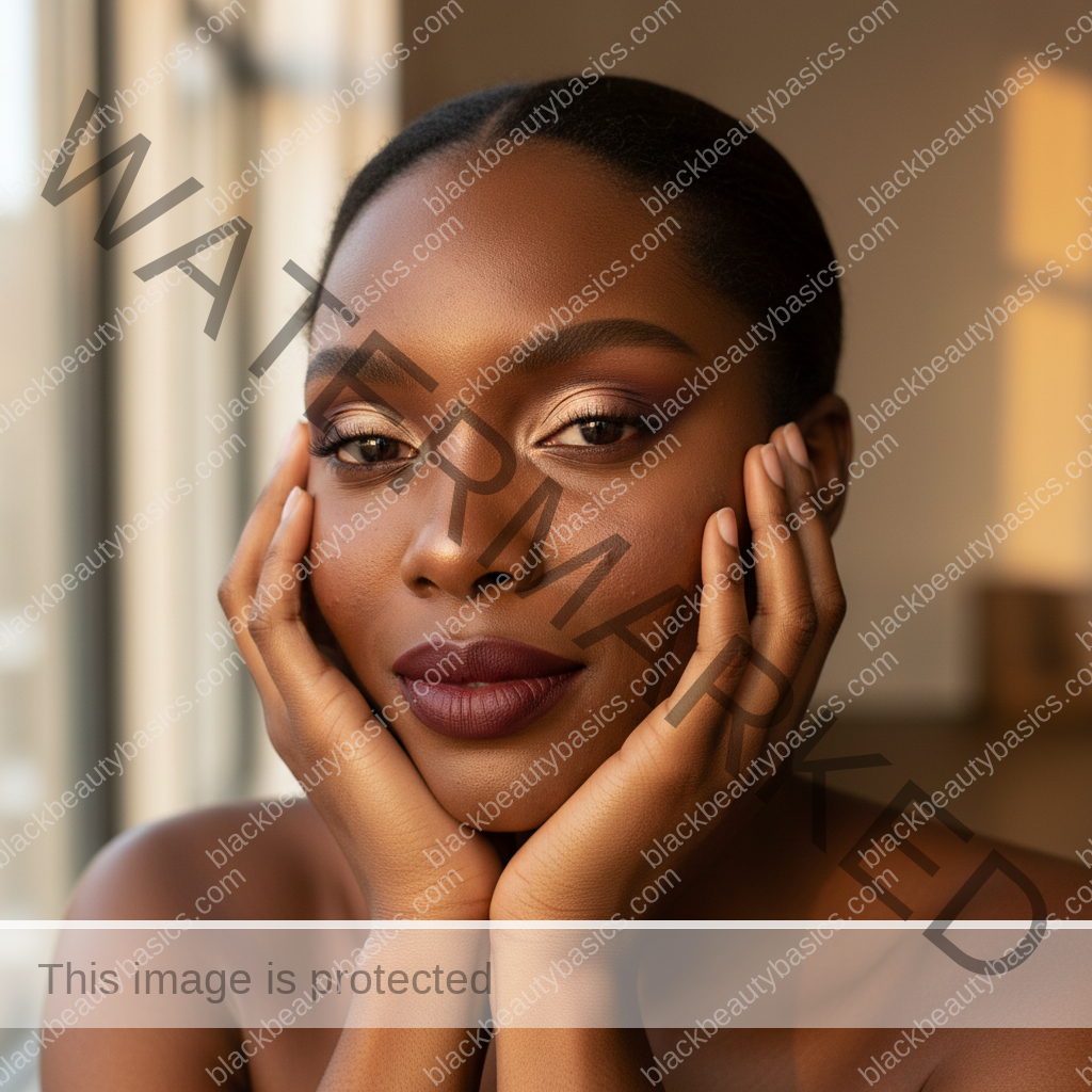 Melanin-rich Black woman with rich brown skin and textured hair relaxed with dimensional makeup for deep skin