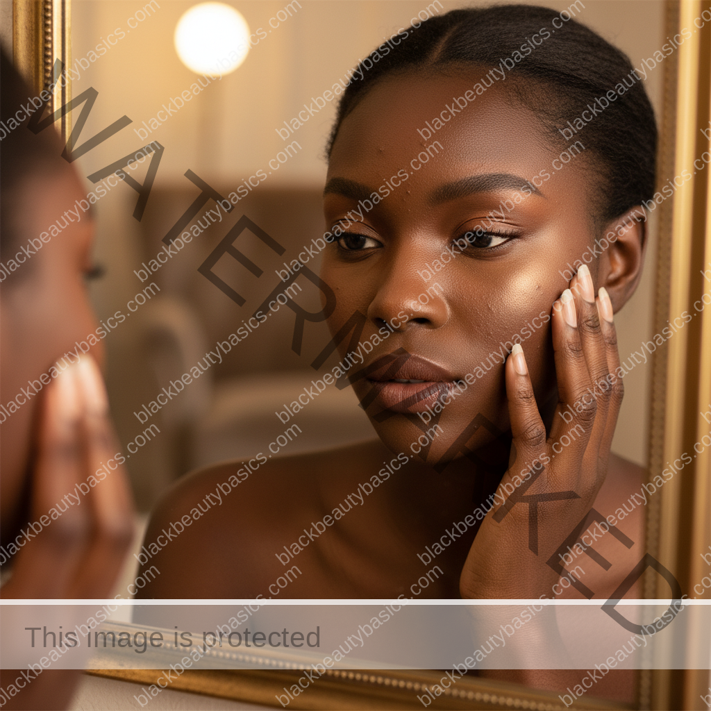 Melanin-rich Black woman with rich brown skin and textured hair in a calm mirror moment checking makeup undertone and finish