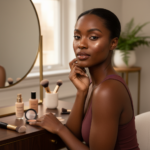 Melanin-rich Black woman with rich brown skin and textured hair in a warm editorial makeup moment for Makeup for Acne Marks and Active Breakouts on Deep Skin