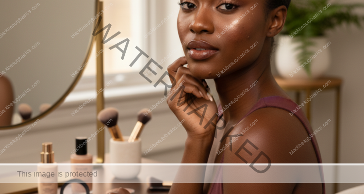 Melanin-rich Black woman with rich brown skin and textured hair in a warm editorial makeup moment for Makeup for Acne Marks and Active Breakouts on Deep Skin