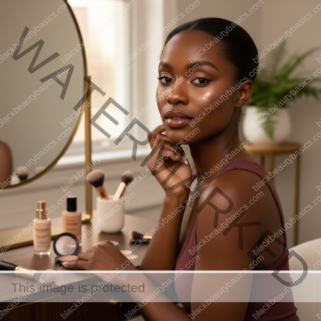Melanin-rich Black woman with rich brown skin and textured hair in a warm editorial makeup moment for Makeup for Acne Marks and Active Breakouts on Deep Skin