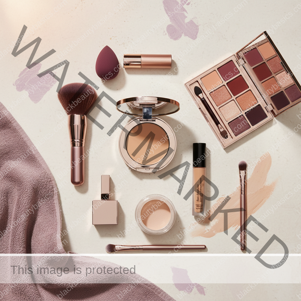 Deep skin makeup essentials for Makeup for Acne Marks and Active Breakouts on Deep Skin in ivory plum bronze and soft gold tones