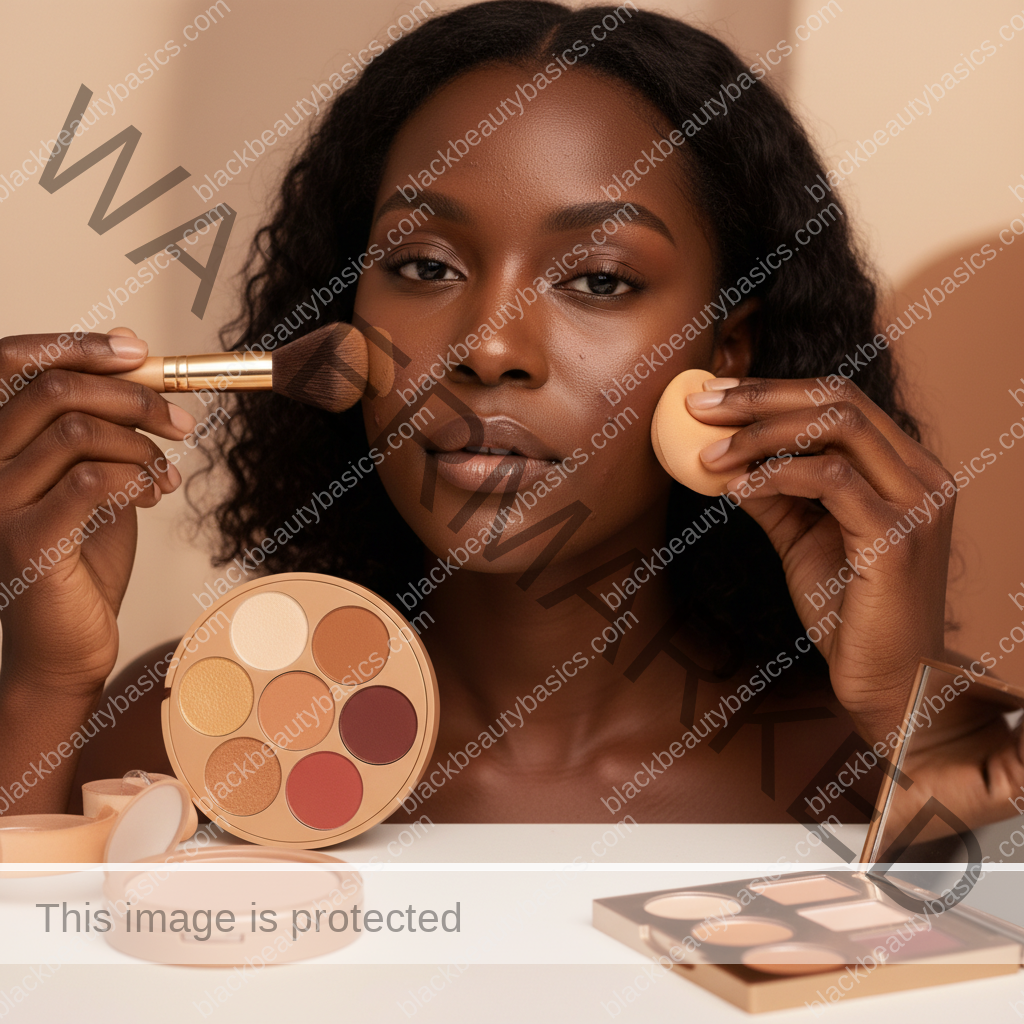 Melanin-rich Black woman with rich brown skin and textured hair using a practical makeup application step with natural hands and correct anatomy