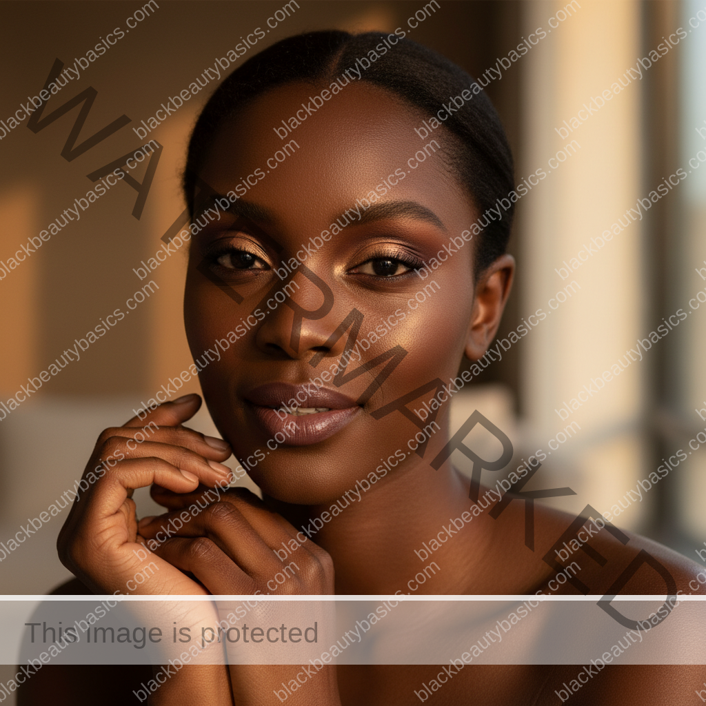 Melanin-rich Black woman with rich brown skin and textured hair relaxed with dimensional makeup for deep skin