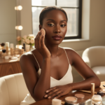 Melanin-rich Black woman with rich brown skin and textured hair in a warm editorial makeup moment for Makeup Routine for Textured Skin and Visible Pores on Dark Skin