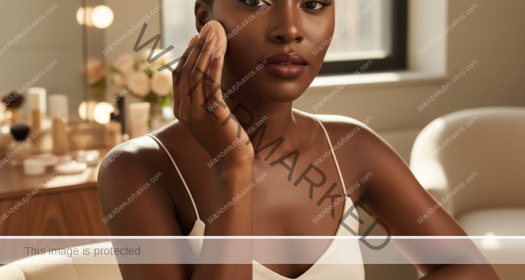 Melanin-rich Black woman with rich brown skin and textured hair in a warm editorial makeup moment for Makeup Routine for Textured Skin and Visible Pores on Dark Skin