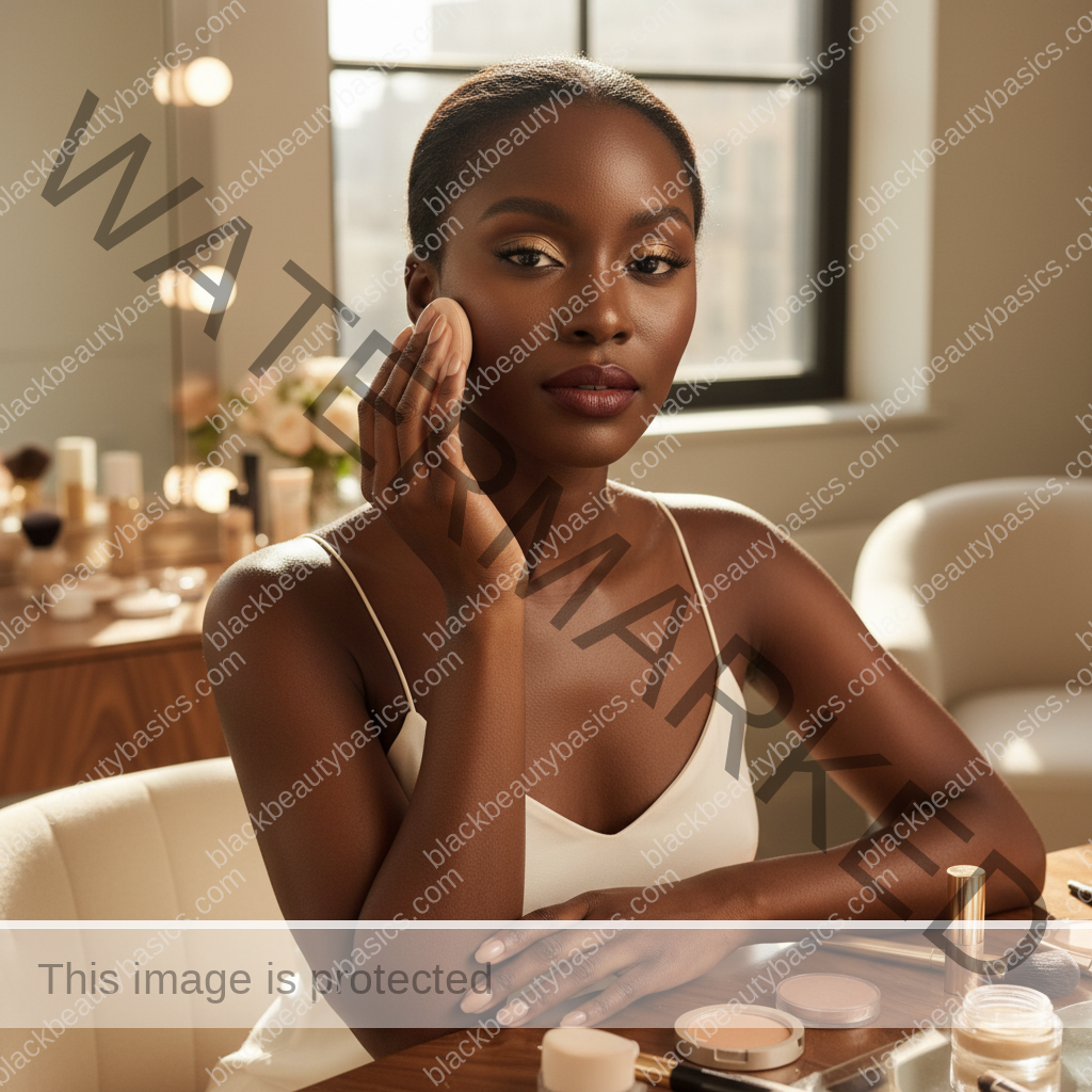 Melanin-rich Black woman with rich brown skin and textured hair in a warm editorial makeup moment for Makeup Routine for Textured Skin and Visible Pores on Dark Skin