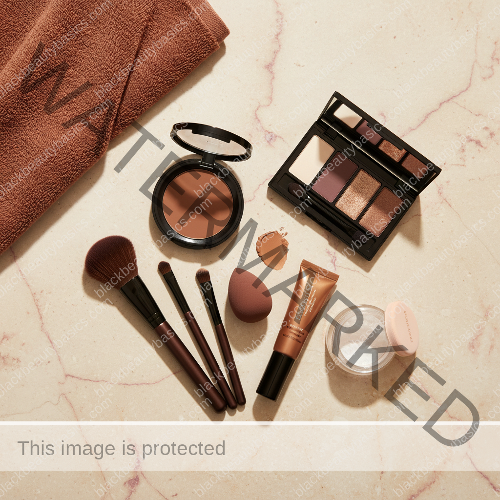 Deep skin makeup essentials for Makeup Routine for Textured Skin and Visible Pores on Dark Skin in ivory plum bronze and soft gold tones