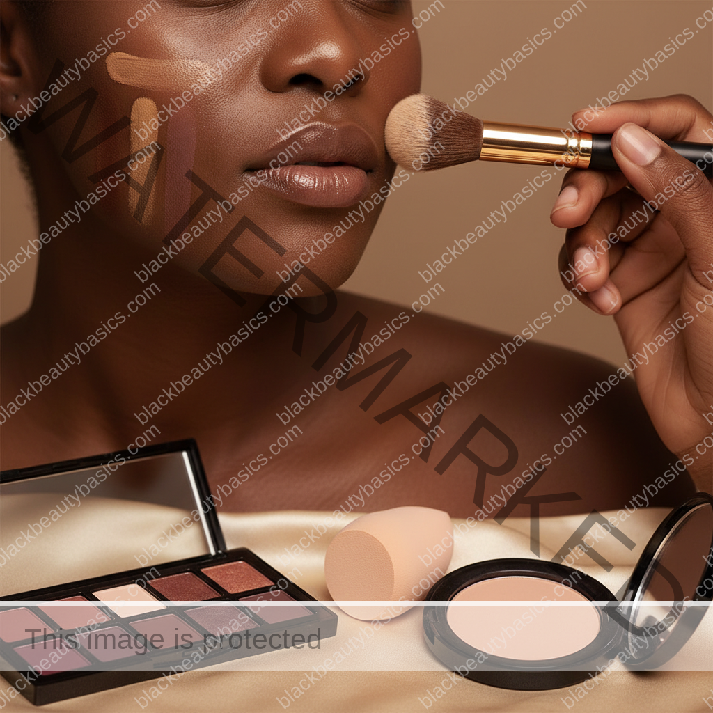 Melanin-rich Black woman with rich brown skin and textured hair using a practical makeup application step with natural hands and correct anatomy