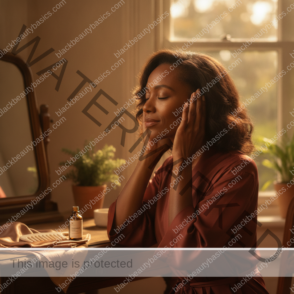 Melanin-rich Black woman with rich brown skin relaxed after a calm skincare or hair-care routine