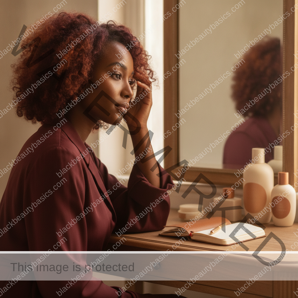 Melanin-rich Black woman with rich brown skin in a calm mirror or note-taking moment