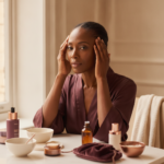 Melanin-rich Black woman with rich brown skin in a warm editorial beauty-care moment for Menopause Hair Thinning on Black Women