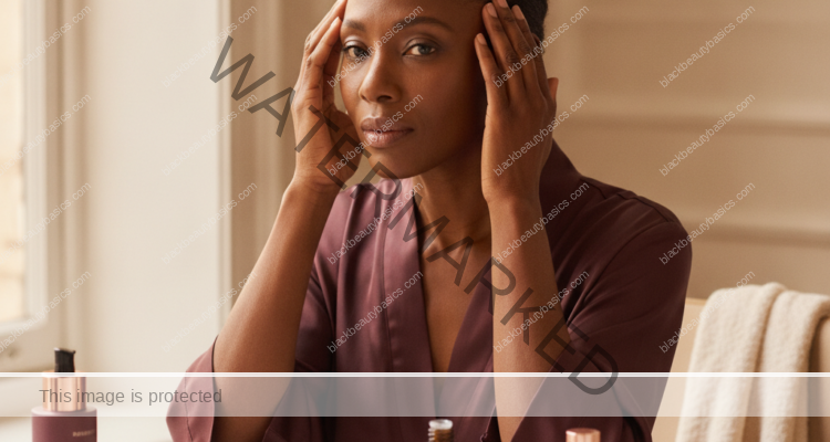 Melanin-rich Black woman with rich brown skin in a warm editorial beauty-care moment for Menopause Hair Thinning on Black Women