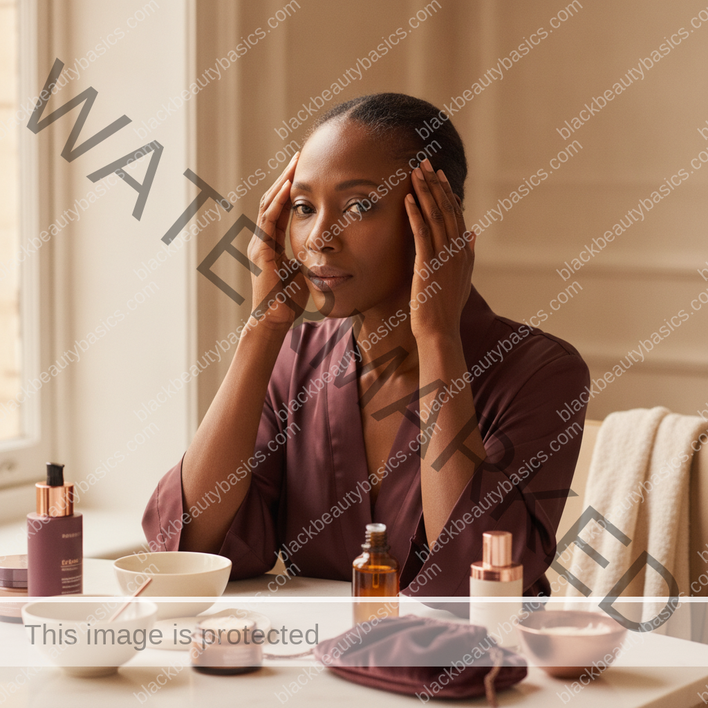 Melanin-rich Black woman with rich brown skin in a warm editorial beauty-care moment for Menopause Hair Thinning on Black Women