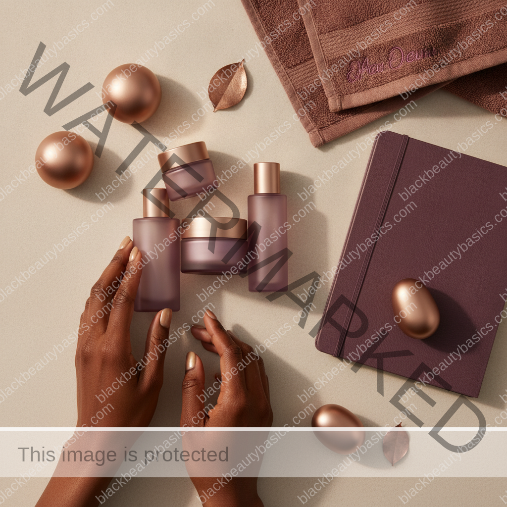 Beauty-care essentials for Menopause Hair Thinning on Black Women in ivory plum bronze and soft gold tones