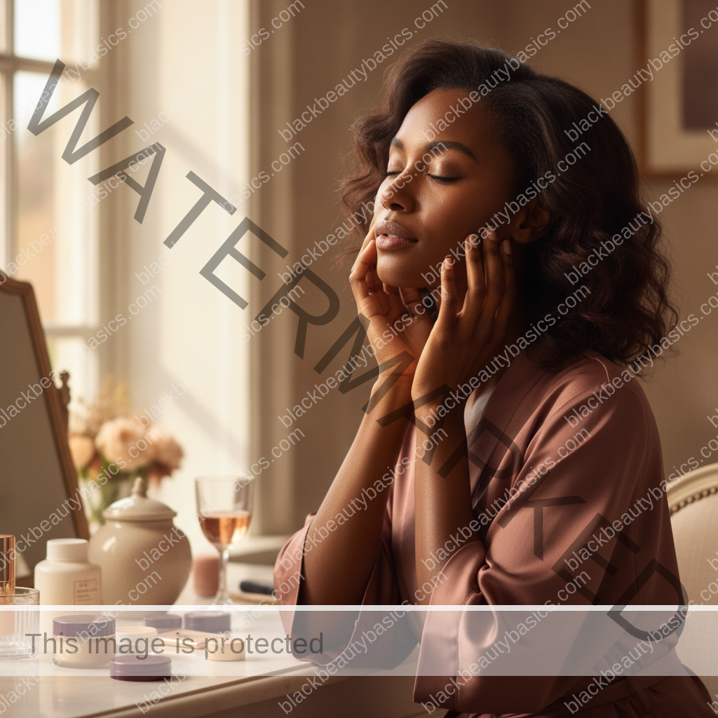 Melanin-rich Black woman with rich brown skin relaxed after a calm skincare or hair-care routine