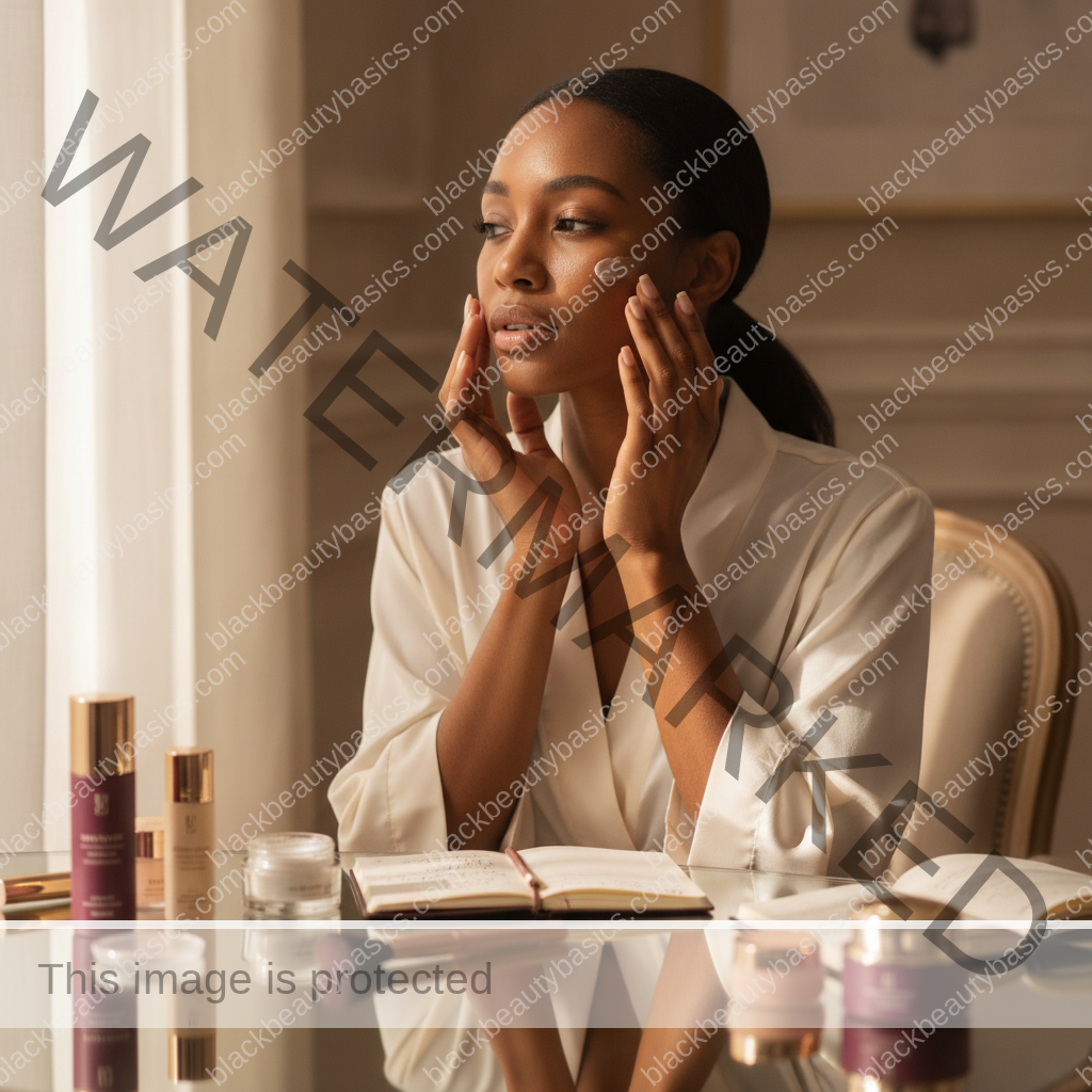 Melanin-rich Black woman with rich brown skin in a practical context for Menopause Skin Dryness on Dark Skin: Routine Adjustments