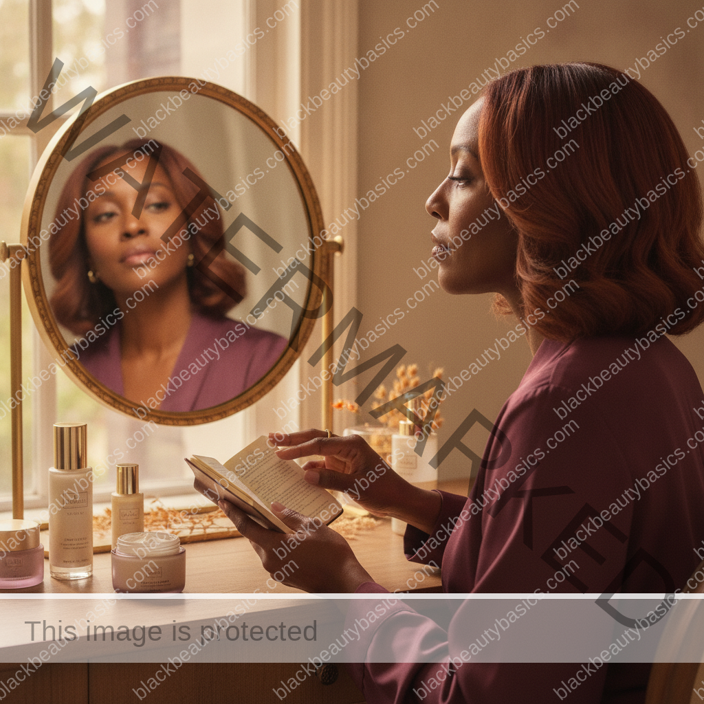 Melanin-rich Black woman with rich brown skin in a calm mirror or note-taking moment