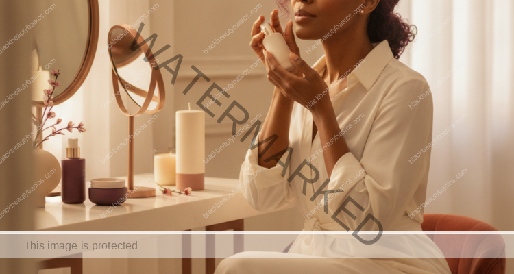 Melanin-rich Black woman with rich brown skin in a warm editorial beauty-care moment for Menopause Skin Dryness on Dark Skin: Routine Adjustments