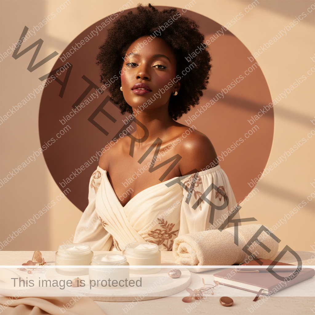 Clean flat lay of fragrance-free moisturizers and soft towel for menopause skin dryness on dark skin