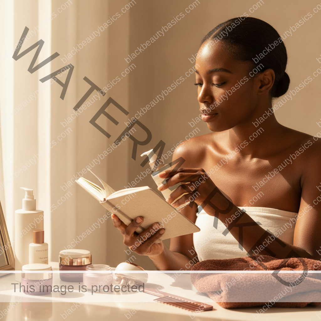 Melanin-rich Black woman with rich brown skin using a gentle care or planning step with natural hands and correct anatomy
