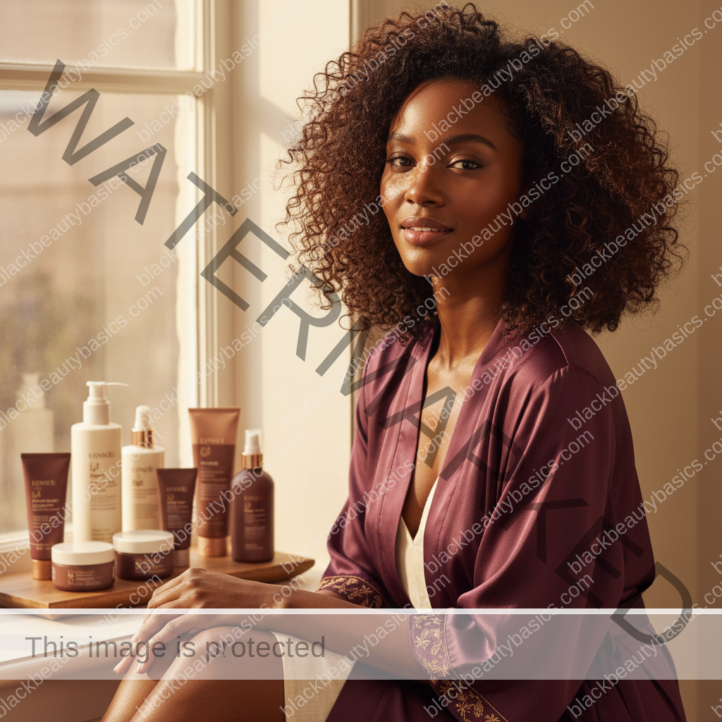 Melanin-rich Black woman with rich brown skin and textured hair relaxed after a gentle natural-hair routine