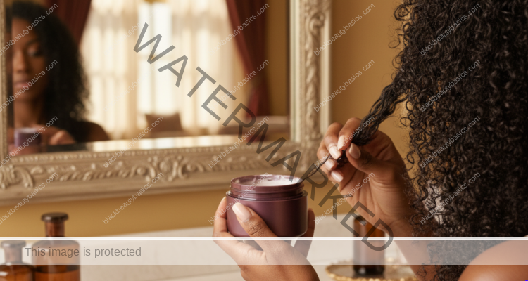 Melanin-rich Black woman with rich brown skin and textured hair in a warm editorial natural-hair routine moment for Mixed-Texture Natural Hair Routine: How to Treat Sections Differently
