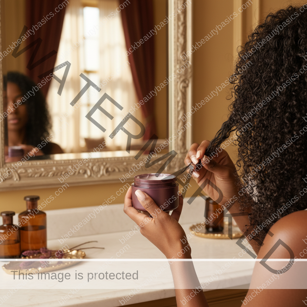 Melanin-rich Black woman with rich brown skin and textured hair in a warm editorial natural-hair routine moment for Mixed-Texture Natural Hair Routine: How to Treat Sections Differently