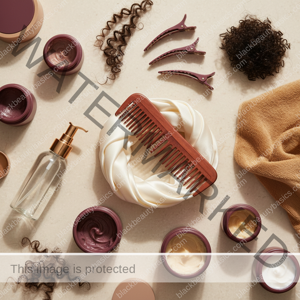 Natural-hair care essentials for Mixed-Texture Natural Hair Routine: How to Treat Sections Differently in ivory plum bronze and soft gold tones