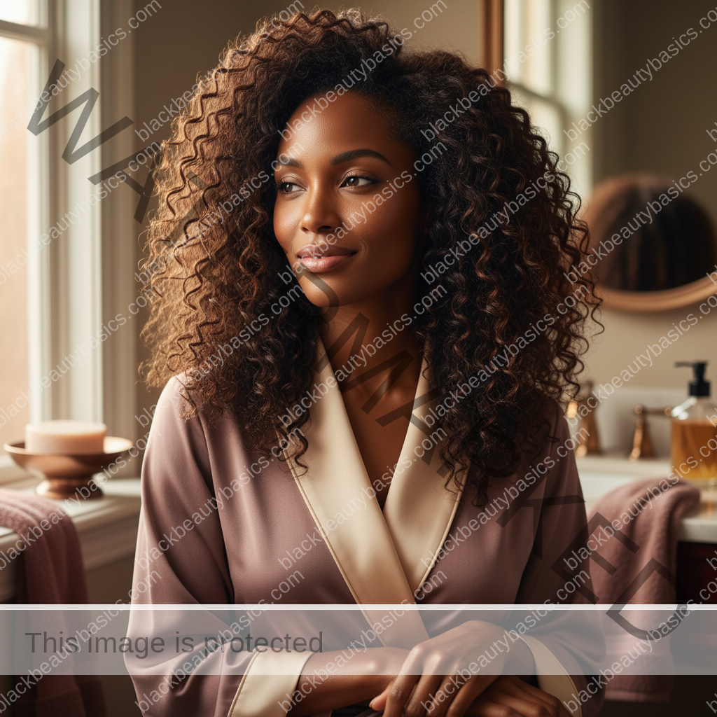 Melanin-rich Black woman with rich brown skin and textured hair relaxed after a gentle natural-hair routine