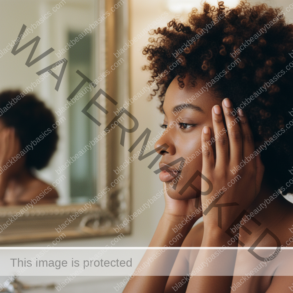 Melanin-rich Black woman with rich brown skin and textured hair in a calm mirror moment with natural hair