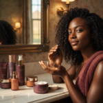 Melanin-rich Black woman with rich brown skin and textured hair in a warm editorial natural-hair routine moment for Natural-Hair Routine for Black Women in Hard-Water Areas