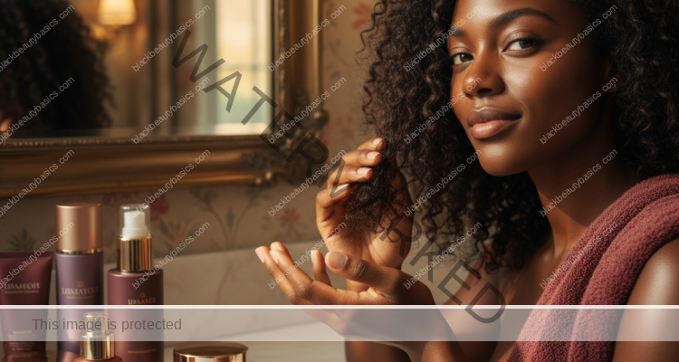 Melanin-rich Black woman with rich brown skin and textured hair in a warm editorial natural-hair routine moment for Natural-Hair Routine for Black Women in Hard-Water Areas