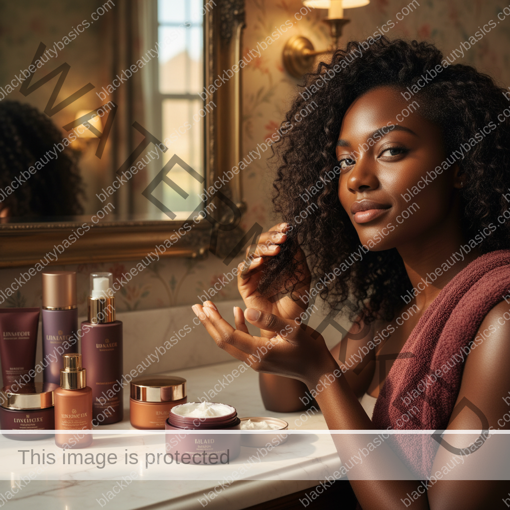 Melanin-rich Black woman with rich brown skin and textured hair in a warm editorial natural-hair routine moment for Natural-Hair Routine for Black Women in Hard-Water Areas